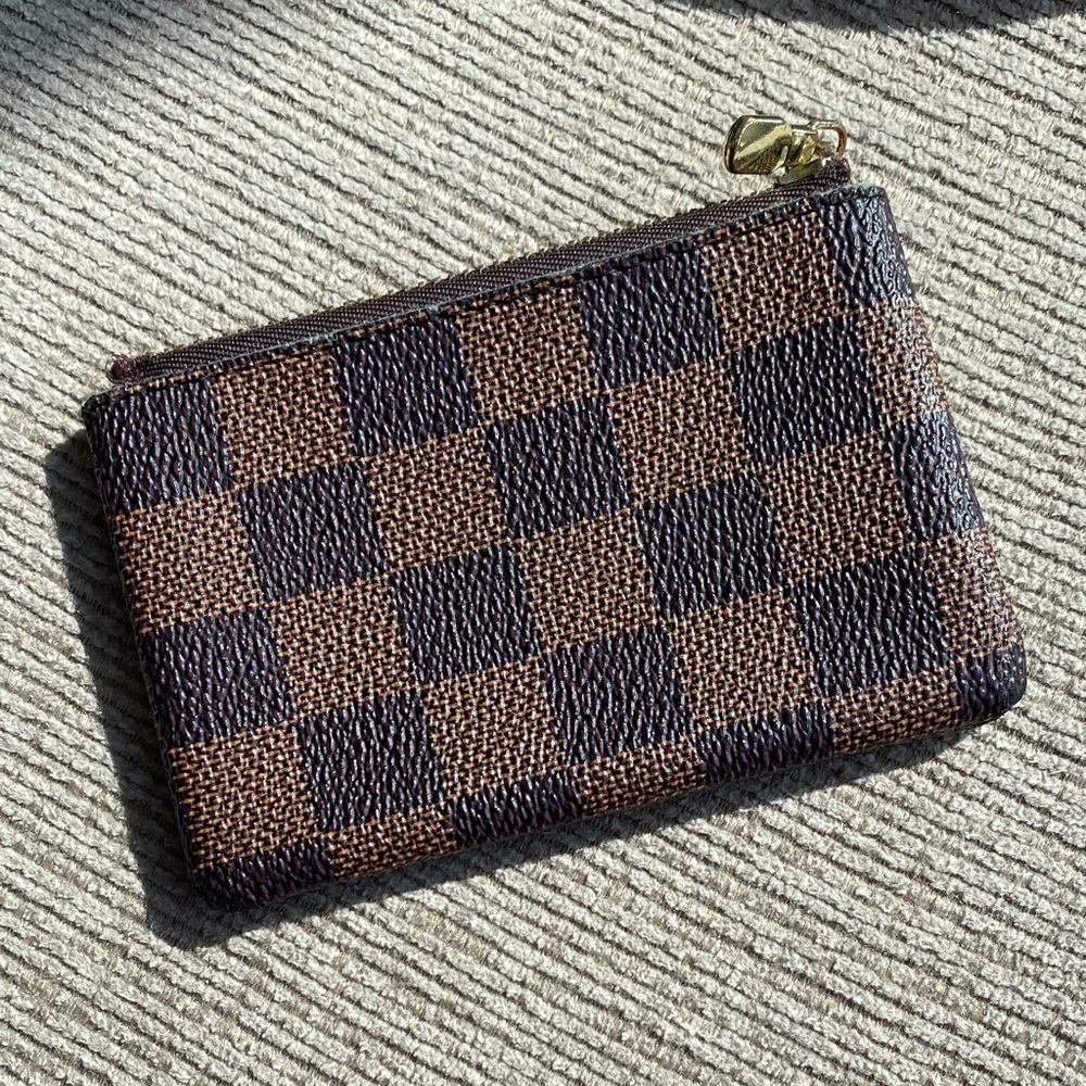Brown Checkered Zip Card Pouch